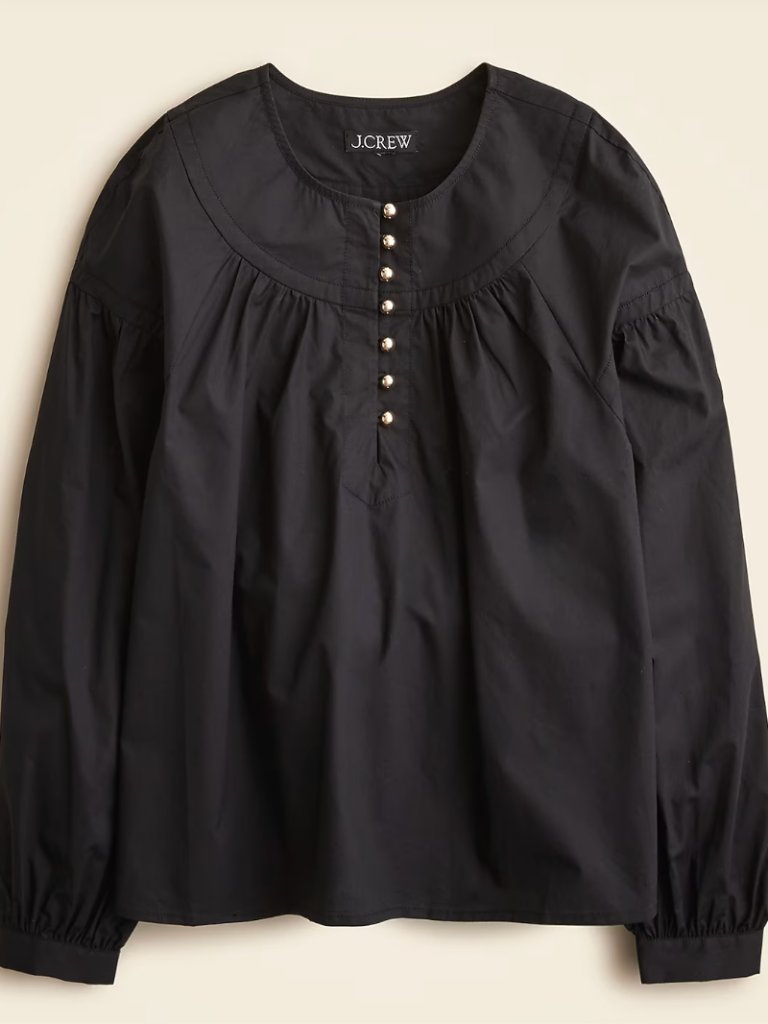 J Crew: Black Shirred Popover Top In Cotton Poplin